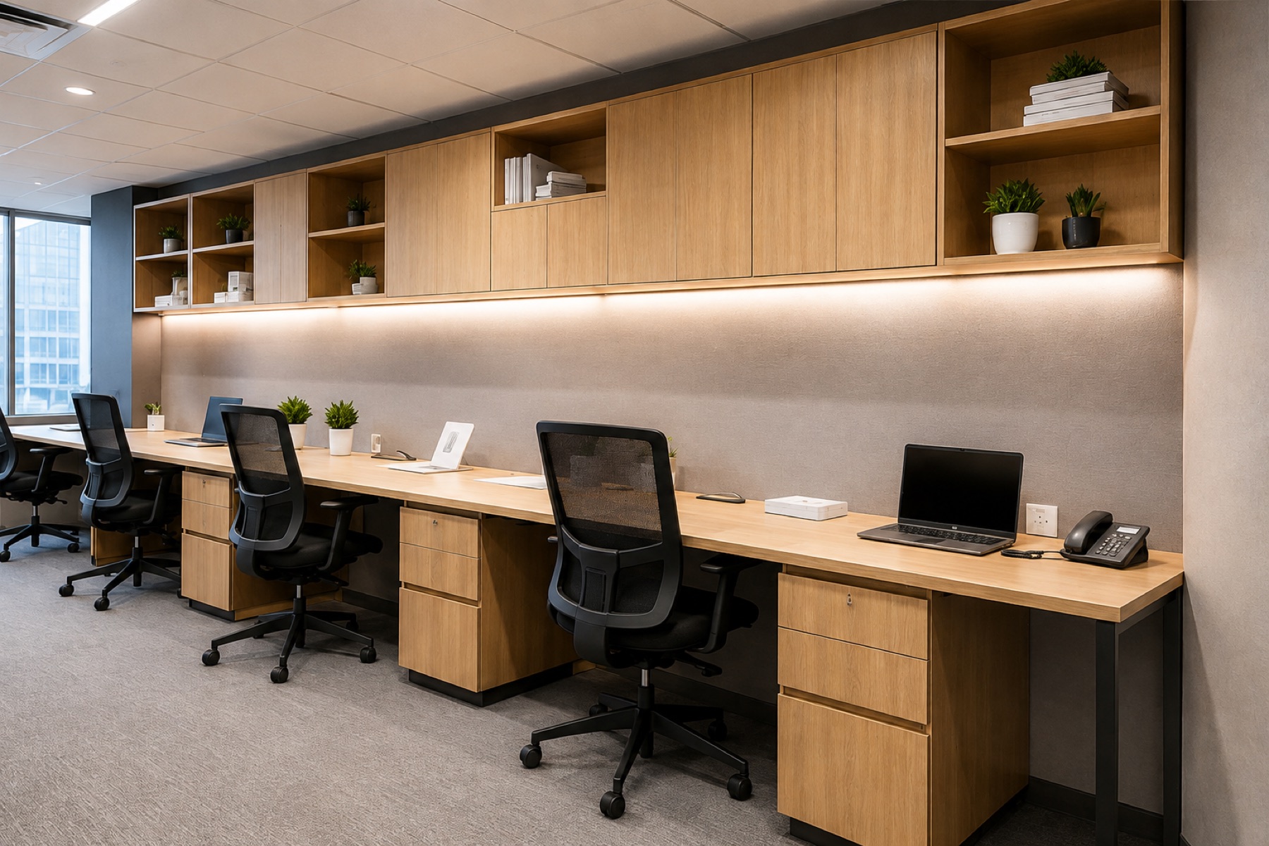 Custom office workstation with overhead cabinetry