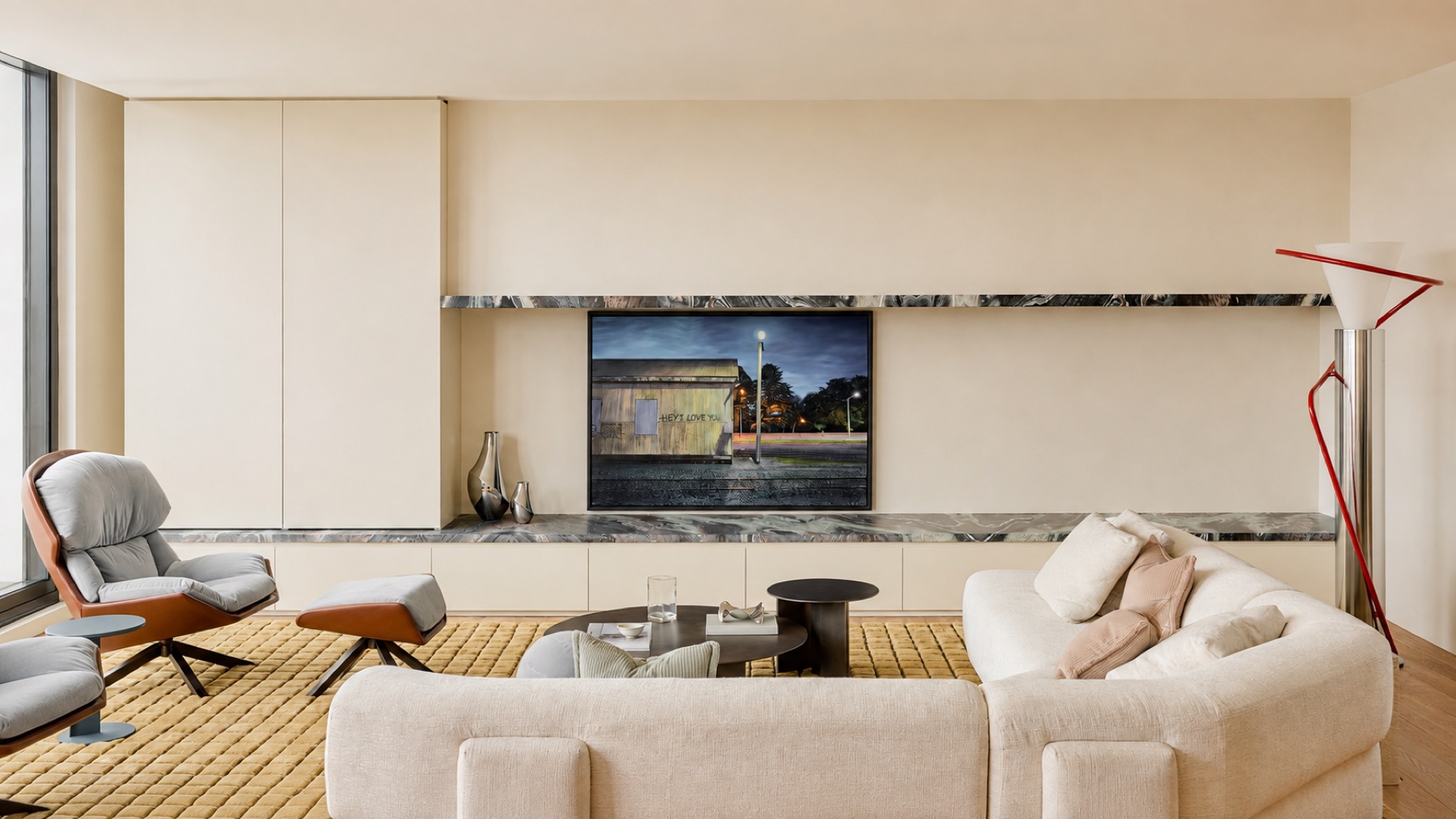 Entertainment unit project 6 with minimalist cream cabinetry