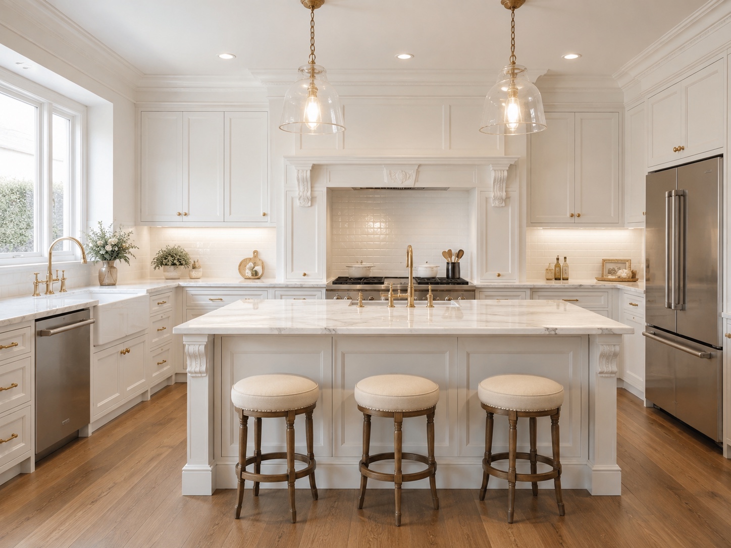 White French Provincial kitchen cabinetry with brass accents