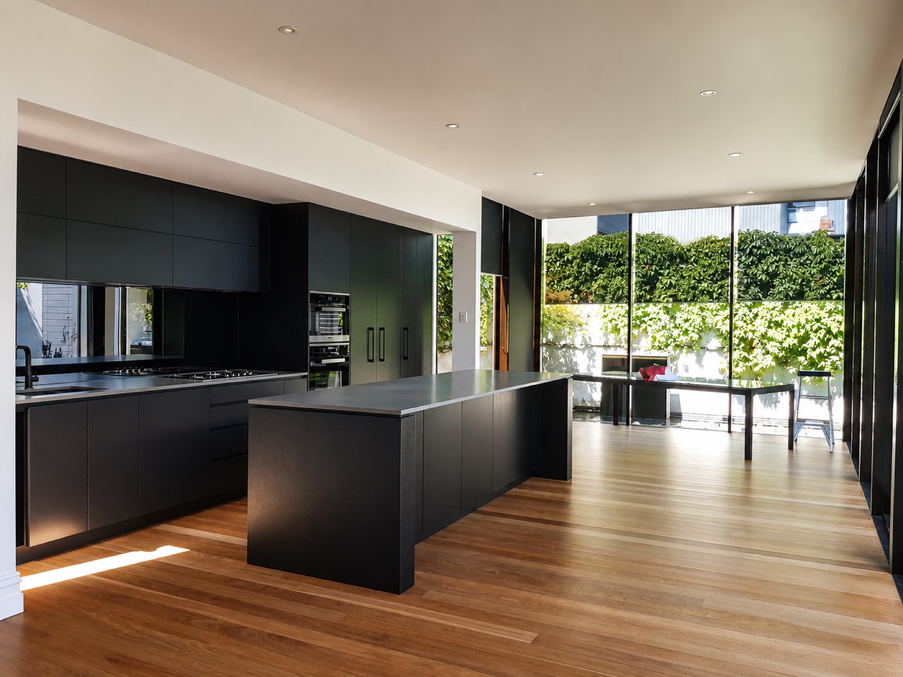 Contemporary matte black kitchen with timber flooring