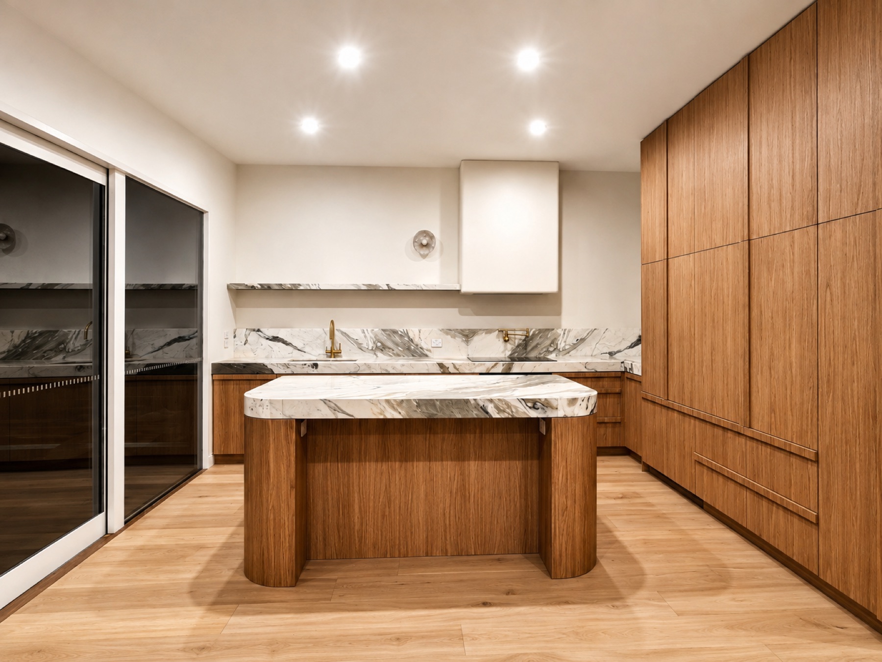 Custom timber kitchen with sculpted marble island