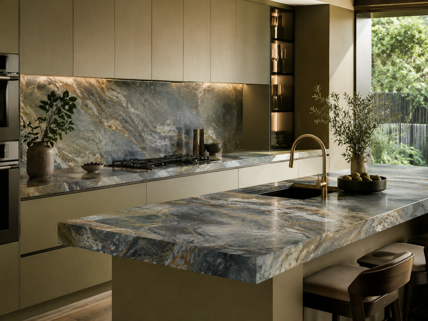 Modern olive kitchen with blue-grey stone island and splashback