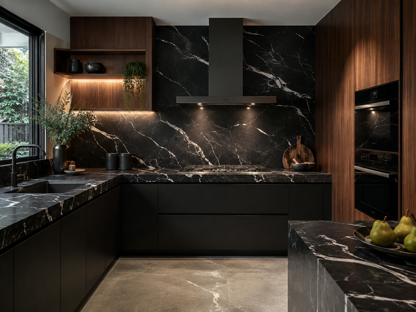 Modern black and walnut kitchen with black marble benchtops